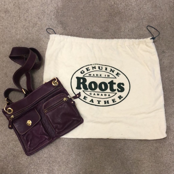 ROOTS| Purple & Gold Villager Leather Crossbody Bag & Dust Bag - Picture 8 of 8